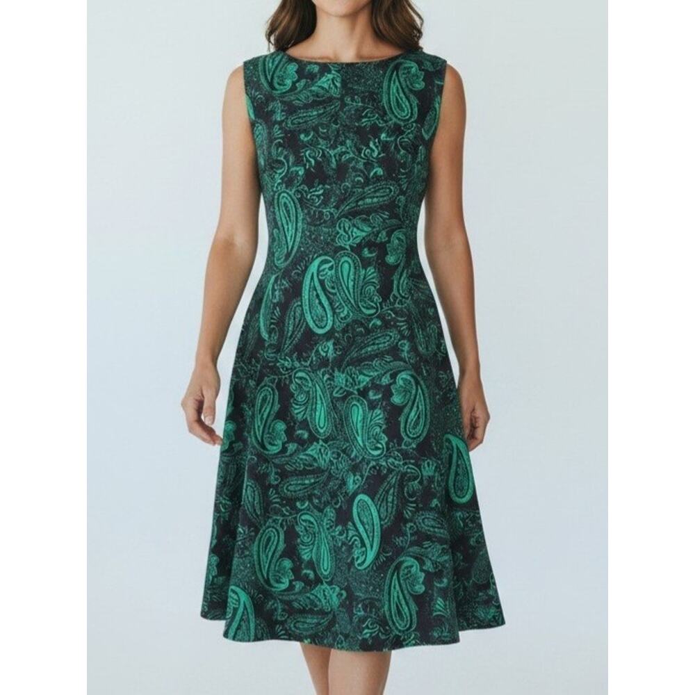 Haani Black Jade Green Paisley Fit & Flare Sleeveless Knit Dress Petite Size PL